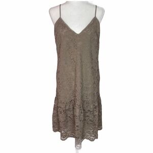 Gold Hawk Taupe 100% Silk Sleeveless Lace Ruffle Hem Pockets Slip Dress Sz S